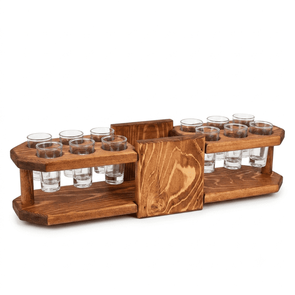 Arria Home Handmade Tequila Shot Serving Stand, Includes 12 Shot Glasses, Solid Pine Wood, Holds 1 Bottle