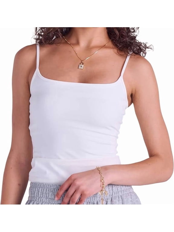 Sleek Cami Tank Top Slim Fit Nylon Scoop Neck Basic Camisole (White, L)