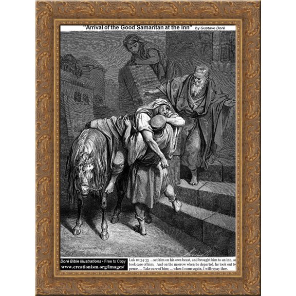 Arrival Of The Good Samaritan At The Inn 24x18 Gold Ornate Wood Framed Canvas Art by Gustave Dore