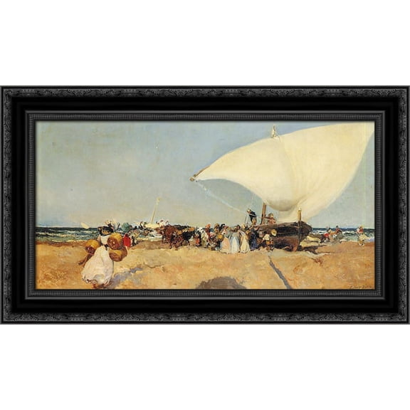 Arrival of the Boats 24x16 Black Ornate Wood Framed Canvas Art by Sorolla y Bastida, Joaquin