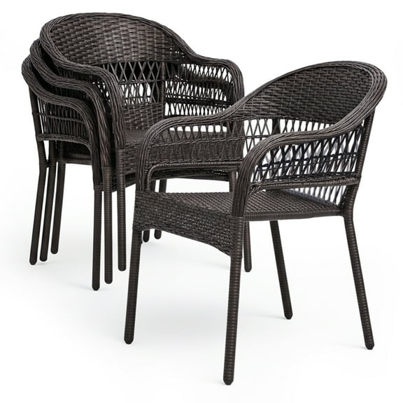 Arro Bistro Stacking Chairs, Mocha, Wicker Construction, Indoor & Outdoor - 4 Piece Set