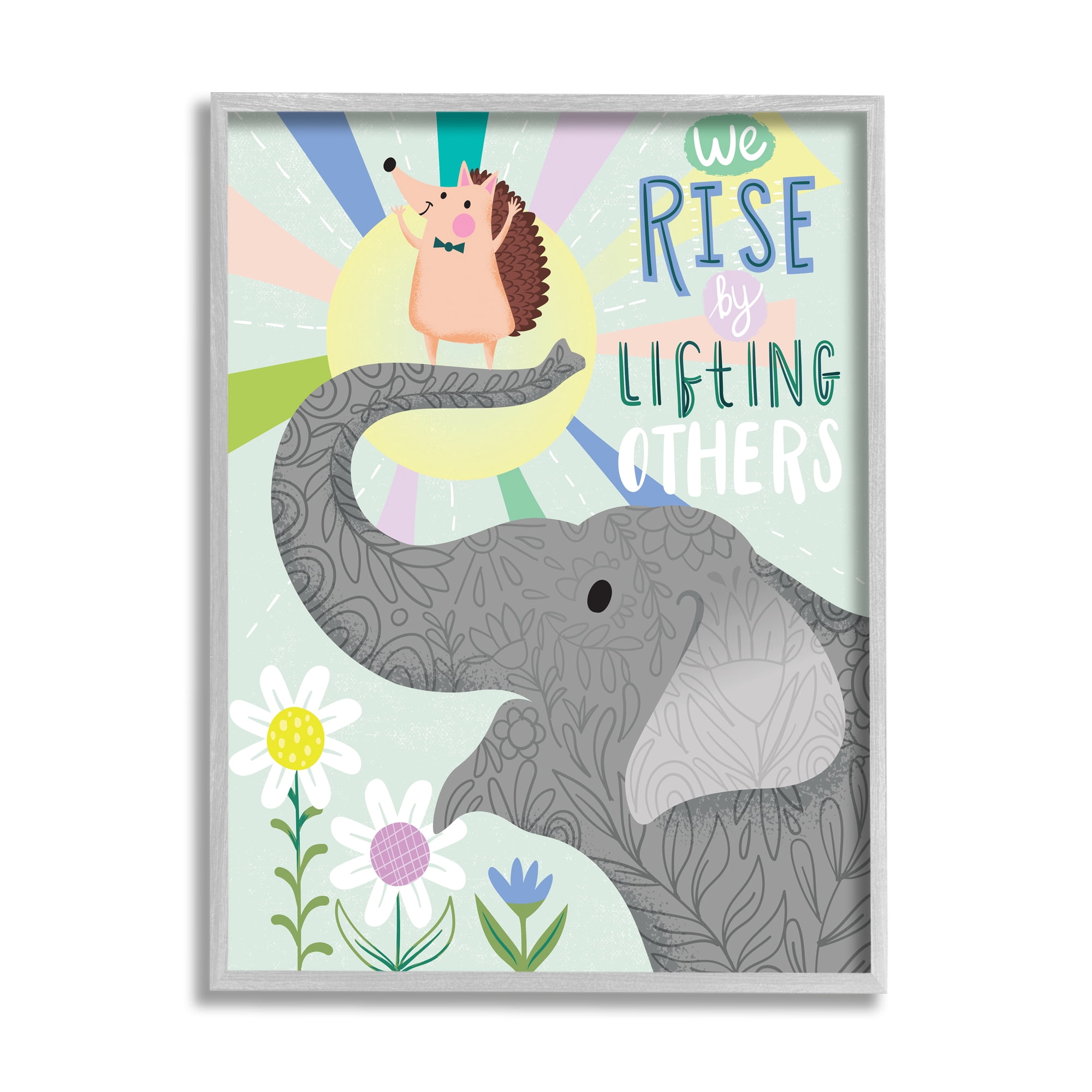 Arrolynn Weider hold Rise By Lifting Others Sentiment Elephant Hedgehog Flowers 24 in x 30 in Framed Painting Art Prints, by Stupell Home Décor