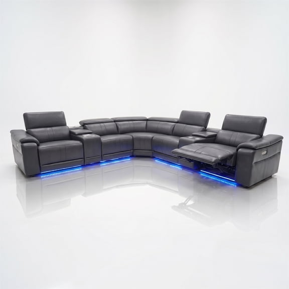 Arron Modern Leather Power Reclining Sectional Sofa with Media Console, Wireless Charging, Bluetooth Speakers, and Ambient LED Under-Glow, Gray