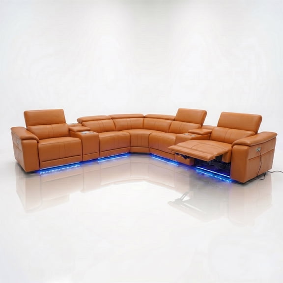 Arron Modern Leather Power Reclining Sectional Sofa with Media Console, Wireless Charging, Bluetooth Speakers, and Ambient LED Under-Glow, Caramel