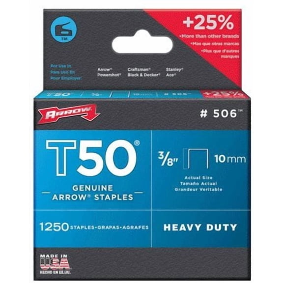 Arrow 3/8-inch Galvanized Steel T50 Staples, Divergent Point, 1,250-Count