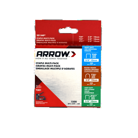 Arrow 301MP 3/8in Staple Multipack featuring T50, JT21 and T25 staples, 1,500 count