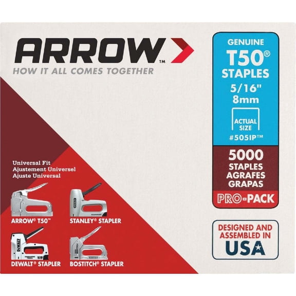Arrow 5/16" T50 - Galvanized Steel, Divergent Point Staples, 5000 Pack