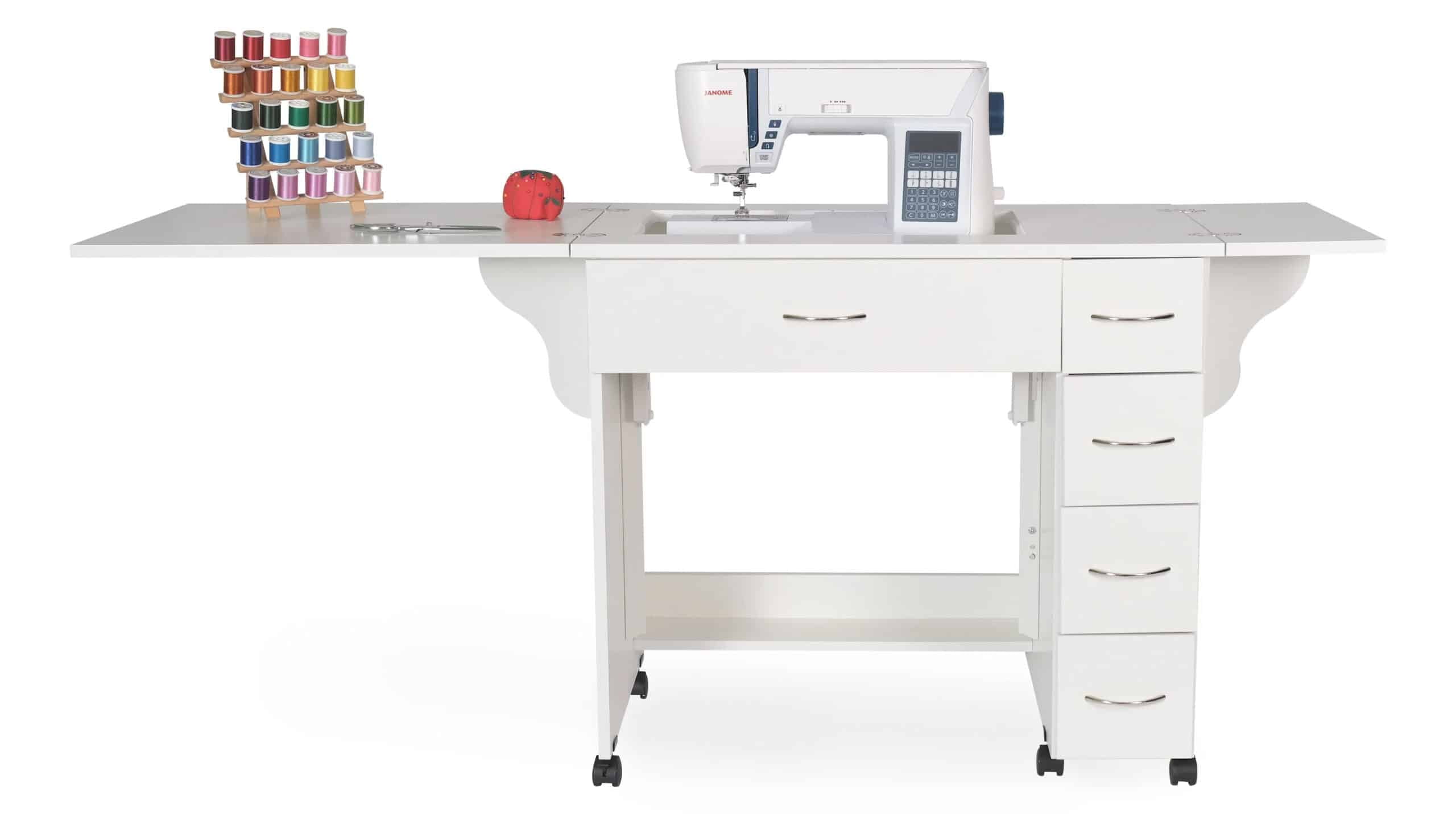 34'' White Foldable Sewing Table with Hydraulic Lift and Drawers