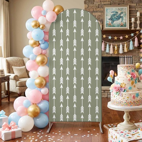 Arrow Arch Backdrop Covers 5 FT, Abstract Rustic Western Tribal Geometric Arrow Sage Green Stretchy Fitted Arched Stand Covers Party Arch Stand Cover Photo Booth for Wedding Birthday Decor
