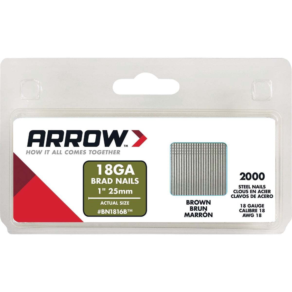 Arrow BN1816BCS 18-Gauge Steel Brad Nails for Molding, Cabinets, Framing, Trim, and Finishing, Safe to Use with Electric or Battery Powered Nailers, Brown, 1 Inch, 2000 Pack