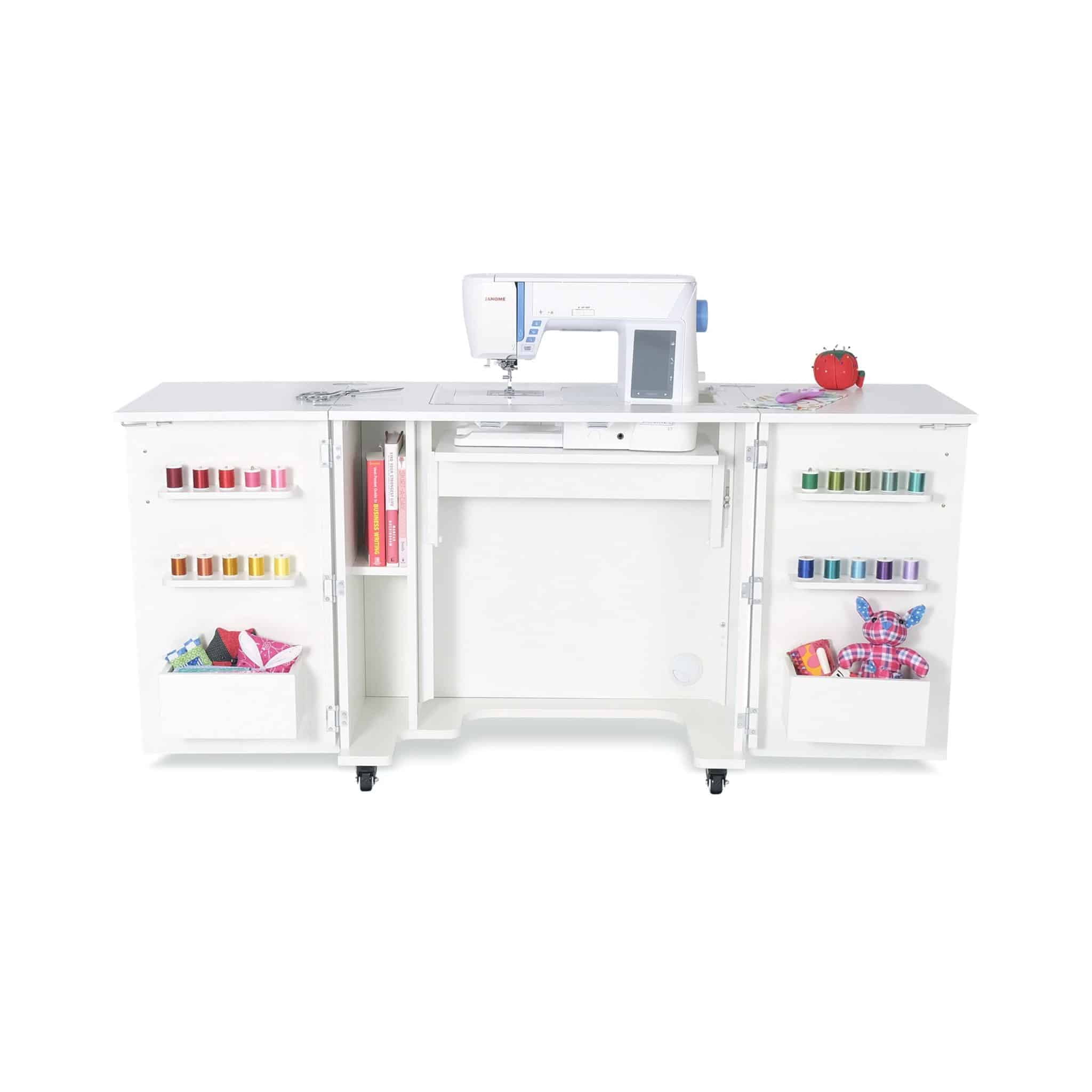 Ash White Hydraulic Lift Sewing Cabinet with Storage Shelves