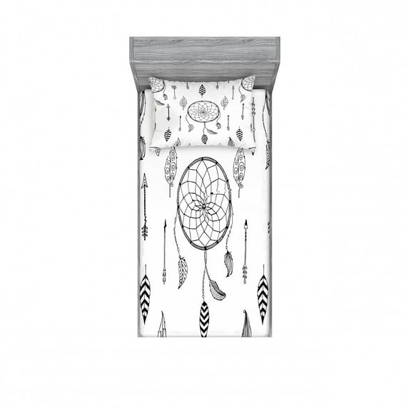 Arrow Bedding Set with Sheet & Covers, Anthique Dreamcatchers Feathers and Arrows Design Western, Printed Bedroom Decor 2 Shams, 4 Sizes, Black White, by Ambesonne