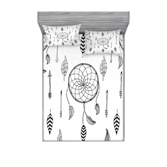 Arrow Bedding Set with Sheet & Covers, Anthique Dreamcatchers Feathers and Arrows Design Western, Printed Bedroom Decor 2 Shams, 4 Sizes, Black White, by Ambesonne