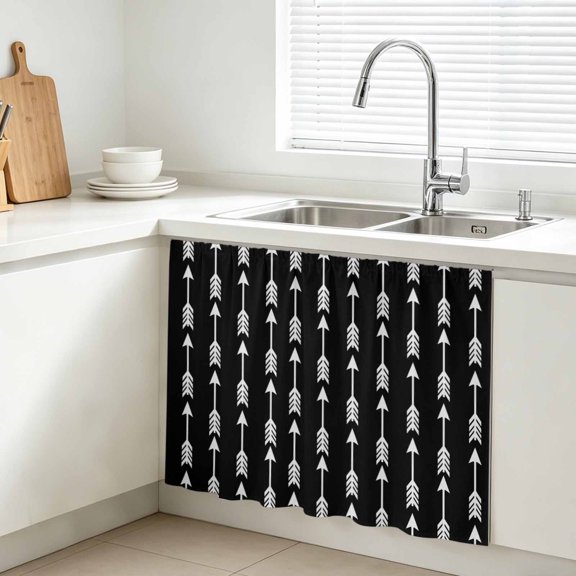 Arrow Cabinet Curtains for Kitchen 10"W x 11"L, Abstract Rustic Western Tribal Geometric Arrow Black Under Sink Skirt Magic Tape Short Curtain Decorative Privacy Panel for Bathroom Laundry