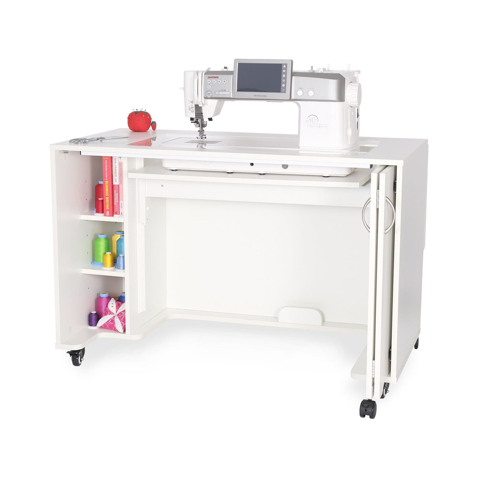 White Melamine Hydraulic Lift Sewing Cabinet with Adjustable Shelves