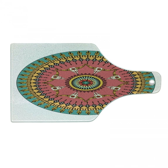 Arrow Cutting Board, Traditional Ornate Arrow Bull Skull and Feather Pattern Round, Decorative Tempered Glass Cutting and Serving Board, Wine Bottle Shape, Multicolor, by Ambesonne