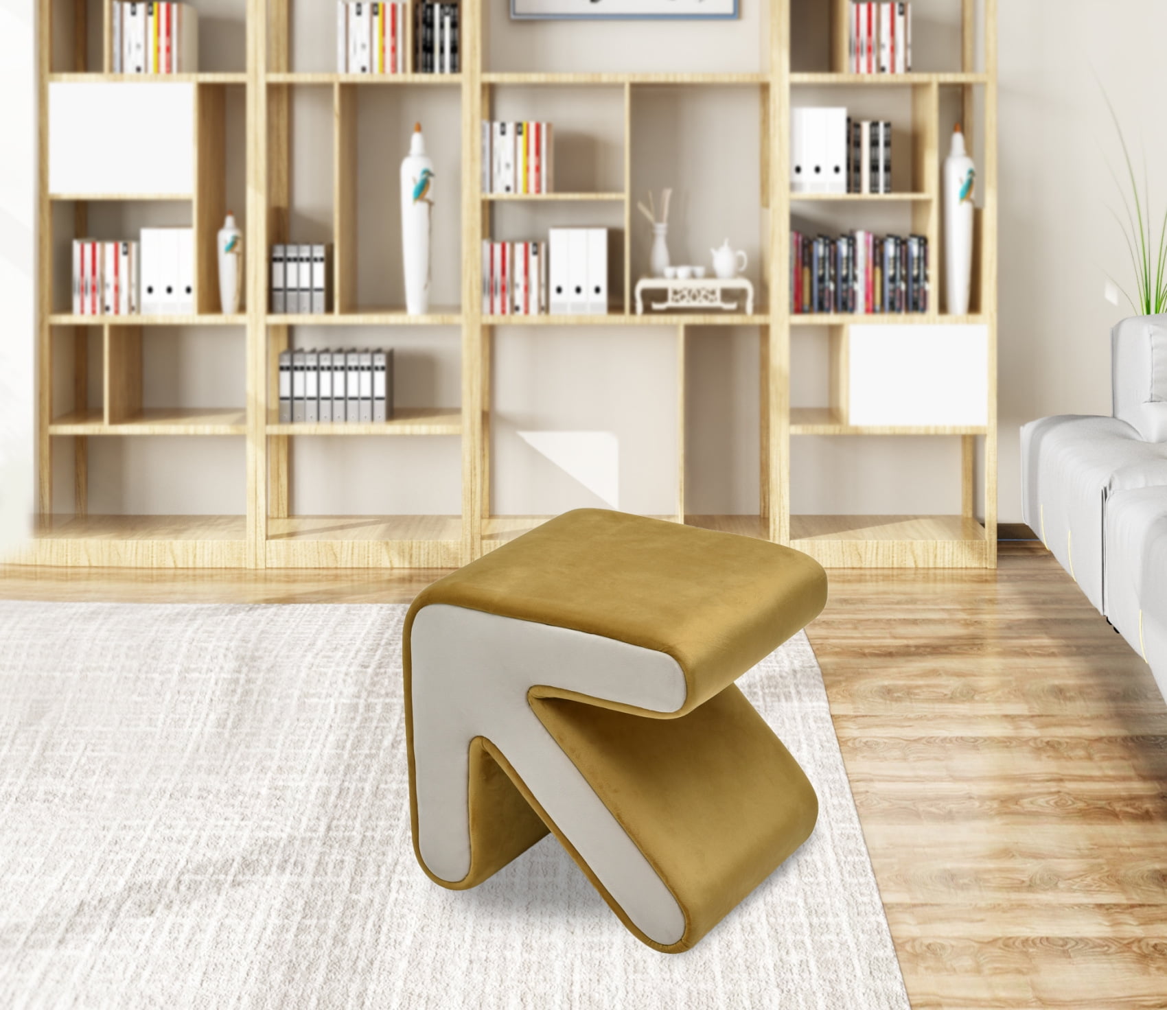Modern Creative Upholstered Velvet Sofa Stool Kids Stool Shoe Bench Footrest Footstool Multifaceted Stool Ottoman Coffee Table Arrow Design Handicraft Decoration for Living Room Bedroom,Beige+Gold