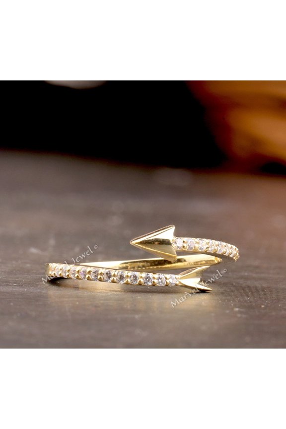 Arrow Diamond Ring, Bypass Diamond Ring, Open Cuff Adjustable Diamond Ring, Minimalist Pave Set Ring, 14K Yellow Gold Plated, 1.6 Ct Simulated Diamond