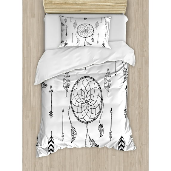 Arrow Duvet Cover Set, Anthique Dreamcatchers Feathers and Arrows Design Western, Decorative 2 Piece Bedding Set with 1 Pillow Shams, Twin Size, Black White, by Ambesonne