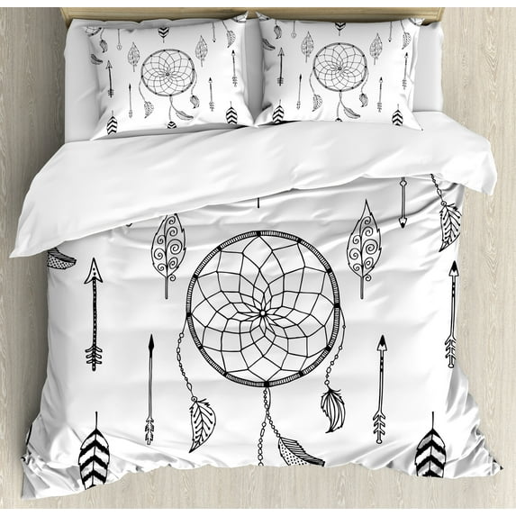 Arrow Duvet Cover Set, Anthique Dreamcatchers Feathers and Arrows Design Western, Decorative 3 Piece Bedding Set with 2 Pillow Shams, King Size, Black White, by Ambesonne