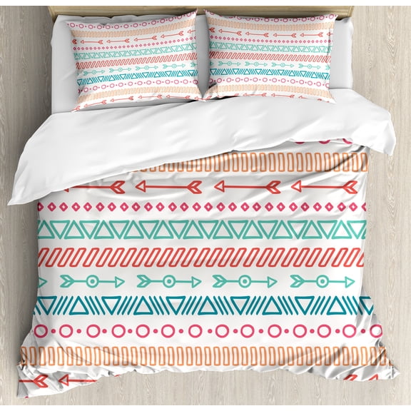 Arrow Duvet Cover Set, Maya Pattern and Triangle Geometric Shapes Native Heritage Graphic Art, Decorative 3 Piece Bedding Set with 2 Pillow Shams, Queen Size, Multicolor, by Ambesonne