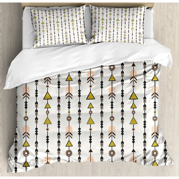 Arrow Duvet Cover Set, Style Arrow and Geometric Pattern in Retro Style Cultural Boho, Decorative 3 Piece Bedding Set with 2 Pillow Shams, King Size, Black Pink Green, by Ambesonne