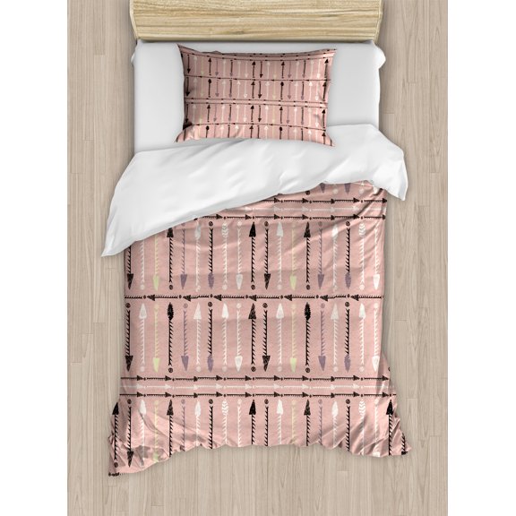 Arrow Duvet Cover Set, Tribal Items Drawn by Hand Placed Vertically Horizontally, Decorative 2 Piece Bedding Set with 1 Pillow Shams, Twin Size, Blush Multicolor, by Ambesonne