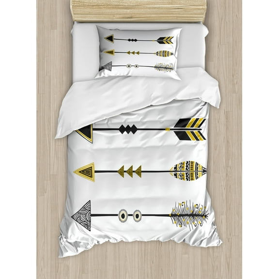 Arrow Duvet Cover Set Twin Size, Old Fashioned Arrow Figures Tribal Vintage Native Primitive Country Ethnic Elements, Decorative 2 Piece Bedding Set with 1 Pillow Sham, Yellow Black, by Ambesonne