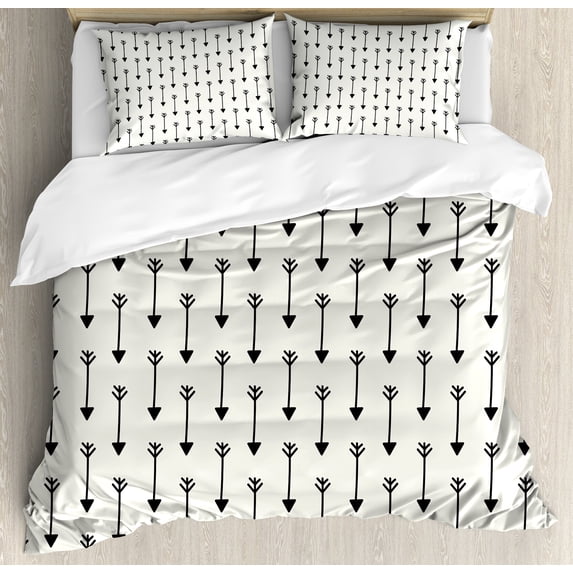 Arrow Duvet Cover Set, Various Arrow Patterns on Retro Background Tools Boho Style Art, Decorative 3 Piece Bedding Set with 2 Pillow Shams, Queen Size, Pale Beige Black, by Ambesonne
