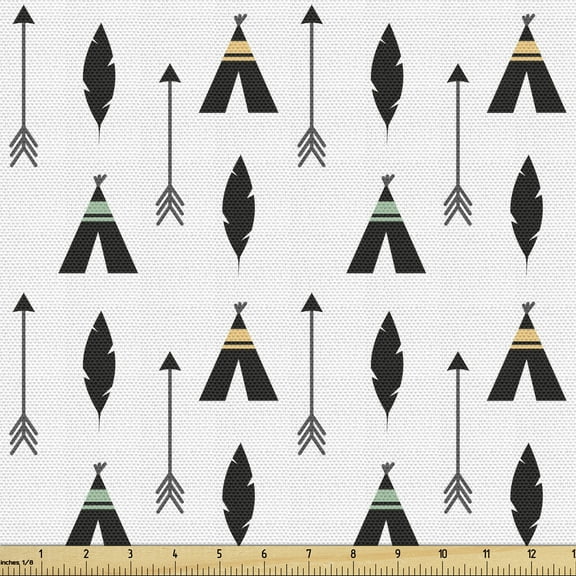Arrow Fabric by the Yard, Native Inspired Triangular Shapes and Feathers on Off White Background, Upholstery Fabric for Dining Chairs Home Decor Accents, 1 Yard, Charcoal Grey White by Ambesonne