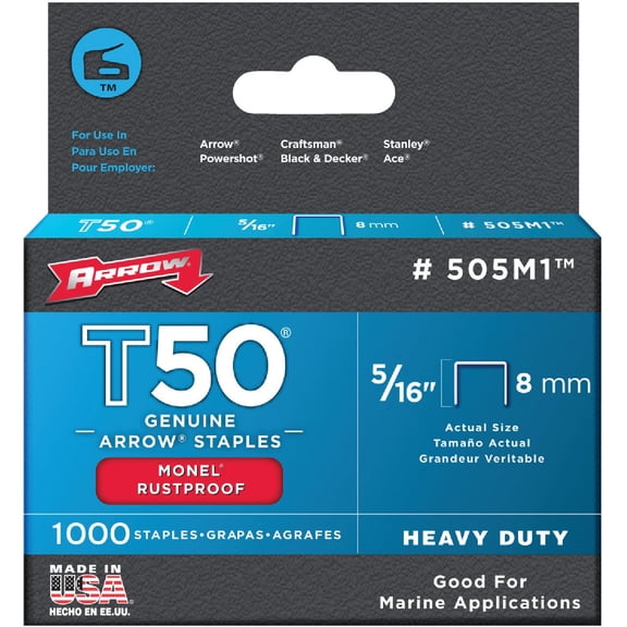Arrow Fastener 505M1 Heavy Duty T50 Monel Staples for Marine Applications, 5/16-Inch Leg Length, 3/8-Inch Crown Size,1000-Pack