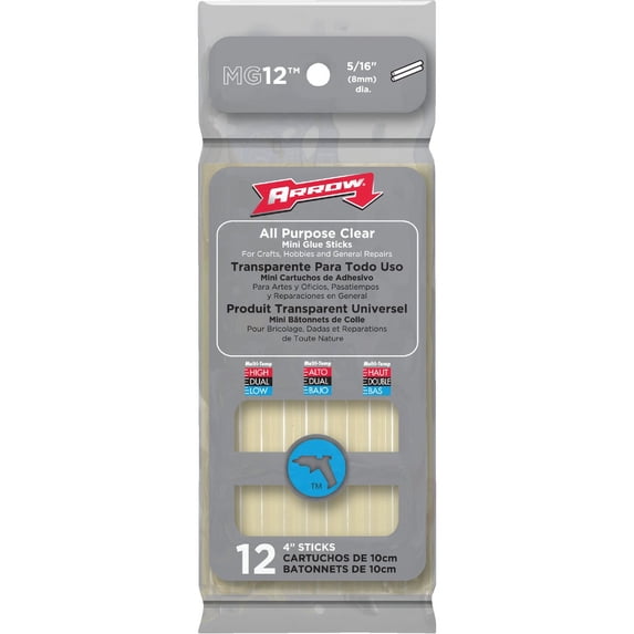 Arrow Fastener Mini Glue Sticks MG12 - Low Melt, 0.3125" Diameter, Clear - 12 Pack