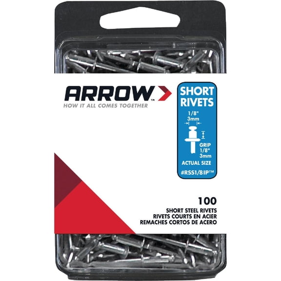 Arrow Fastener RSS1/8IP Short Steel 1/8-Inch Pop Rivets for Metal, Fabric, Leather, and Auto Repair, 100-Pack