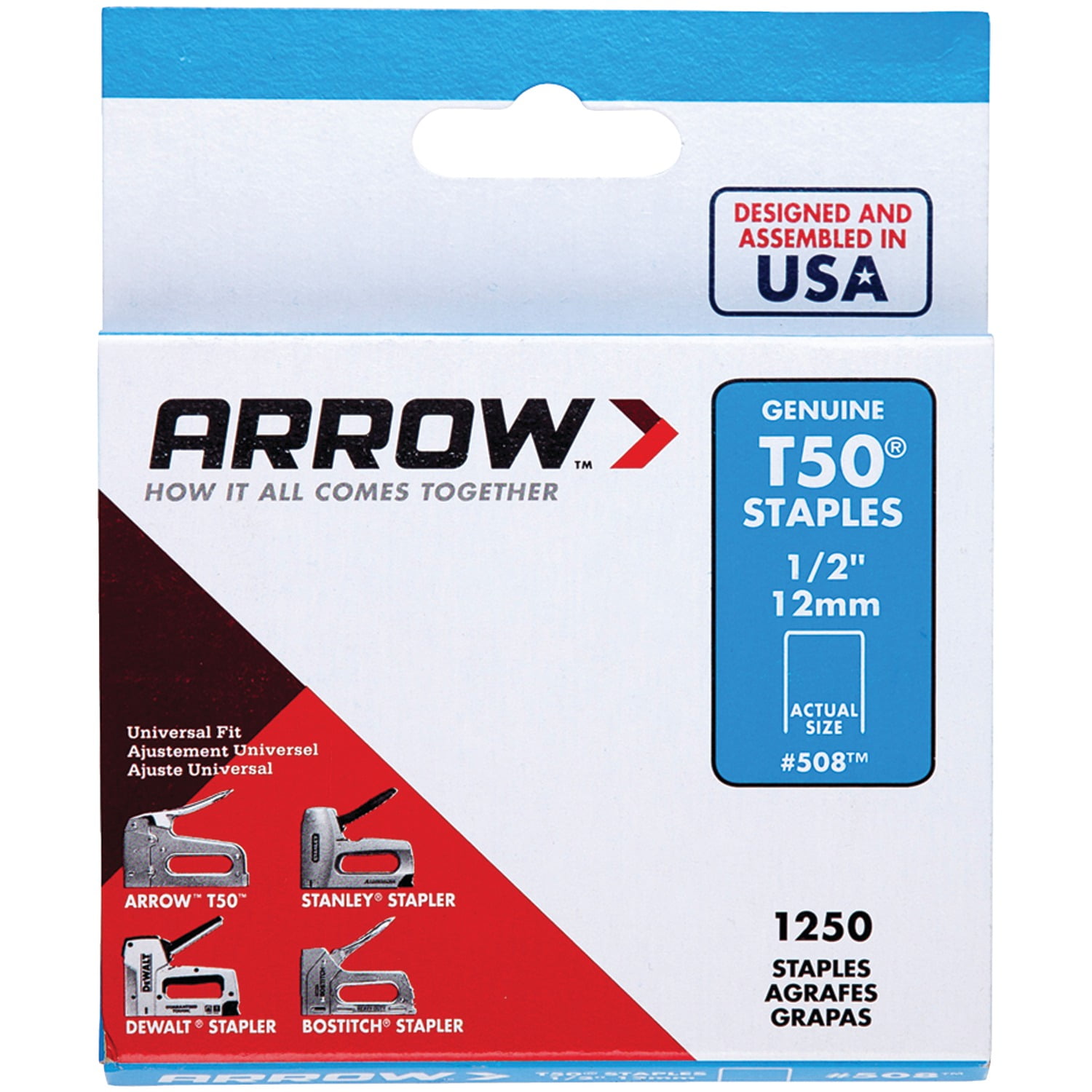 Arrow T50 1/2" Leg Length Galvanized Steel Staples, 1250-Pack