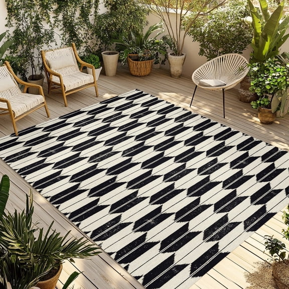Arrow Feathers Outdoor Rug, Retro Black Beige Arrow Feather Non-Slip Area Rugs Carpet Breathable Large Floor Mat for Outdoors Patio Porch Deck Beach 4’ x 6’