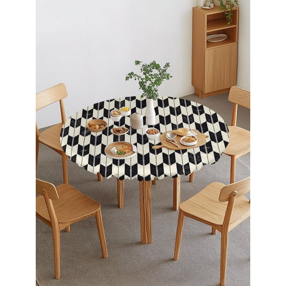 Arrow Feathers Round Fitted Tablecloth with Elastic Edge, Retro Black Beige Arrow Feather Waterproof Stretch Table Covers for 36"-44" Tables Wipeable Table Cloth for Outdoor