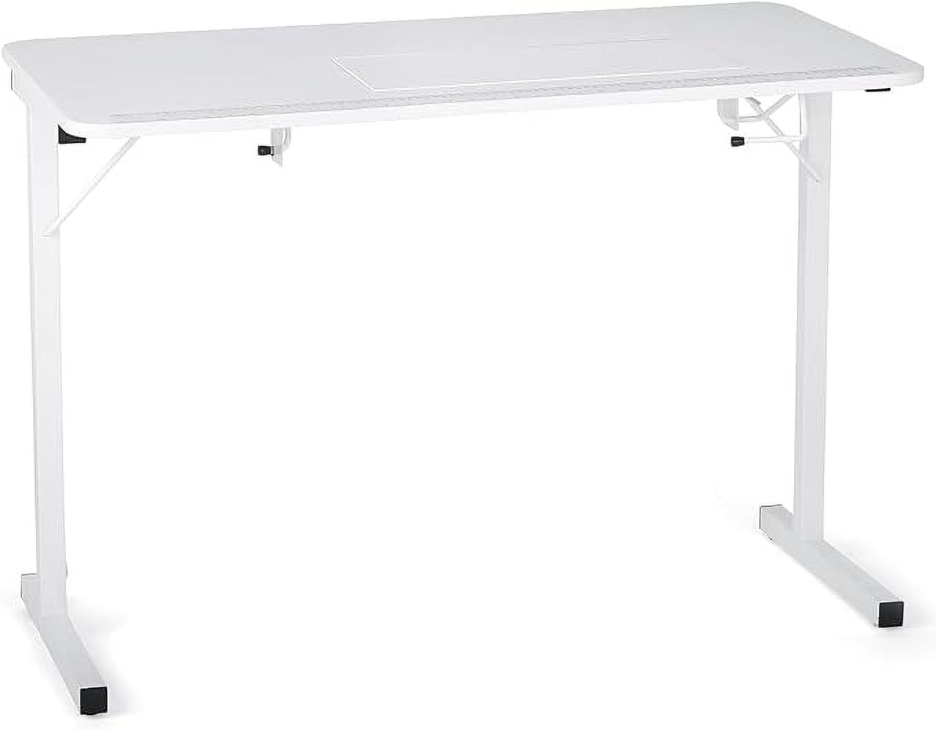White Folding Sewing Table with Manual Lift and Steel Legs