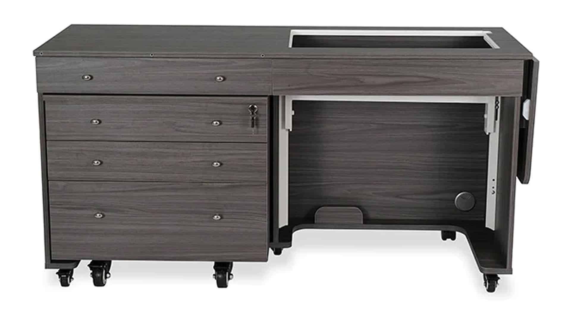 Gray Hydraulic Lift Sewing Cabinet with Rolling Storage Caddy