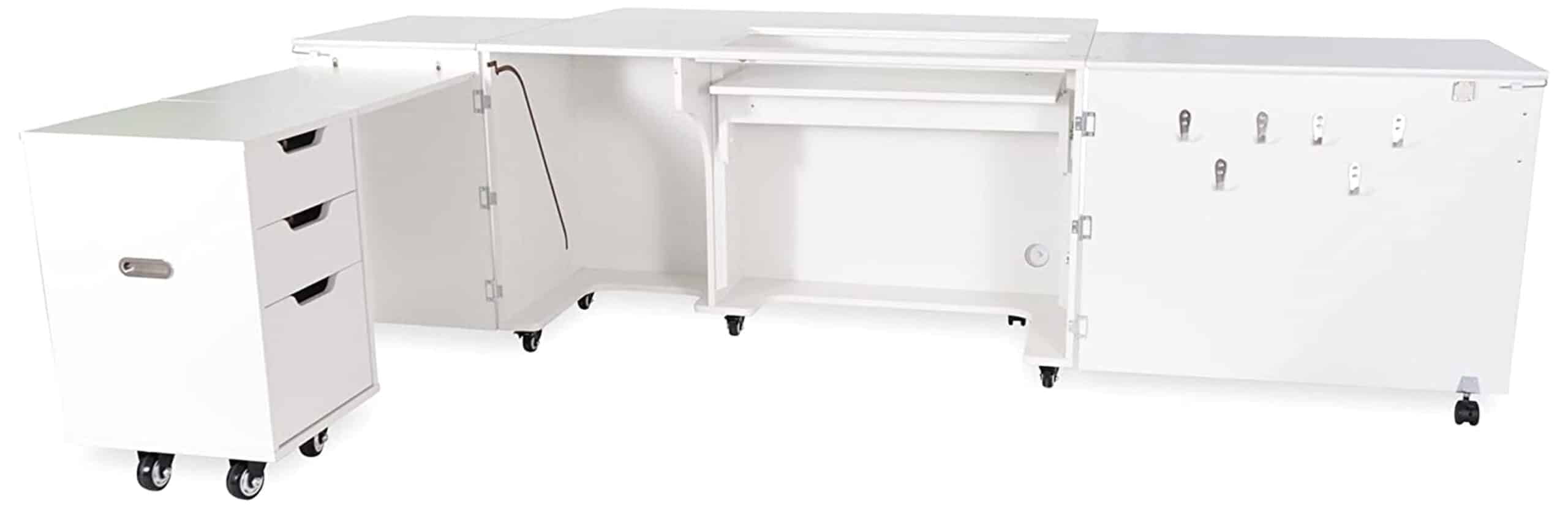 Ash White XL Sewing Cabinet with Hydraulic Lift and Storage