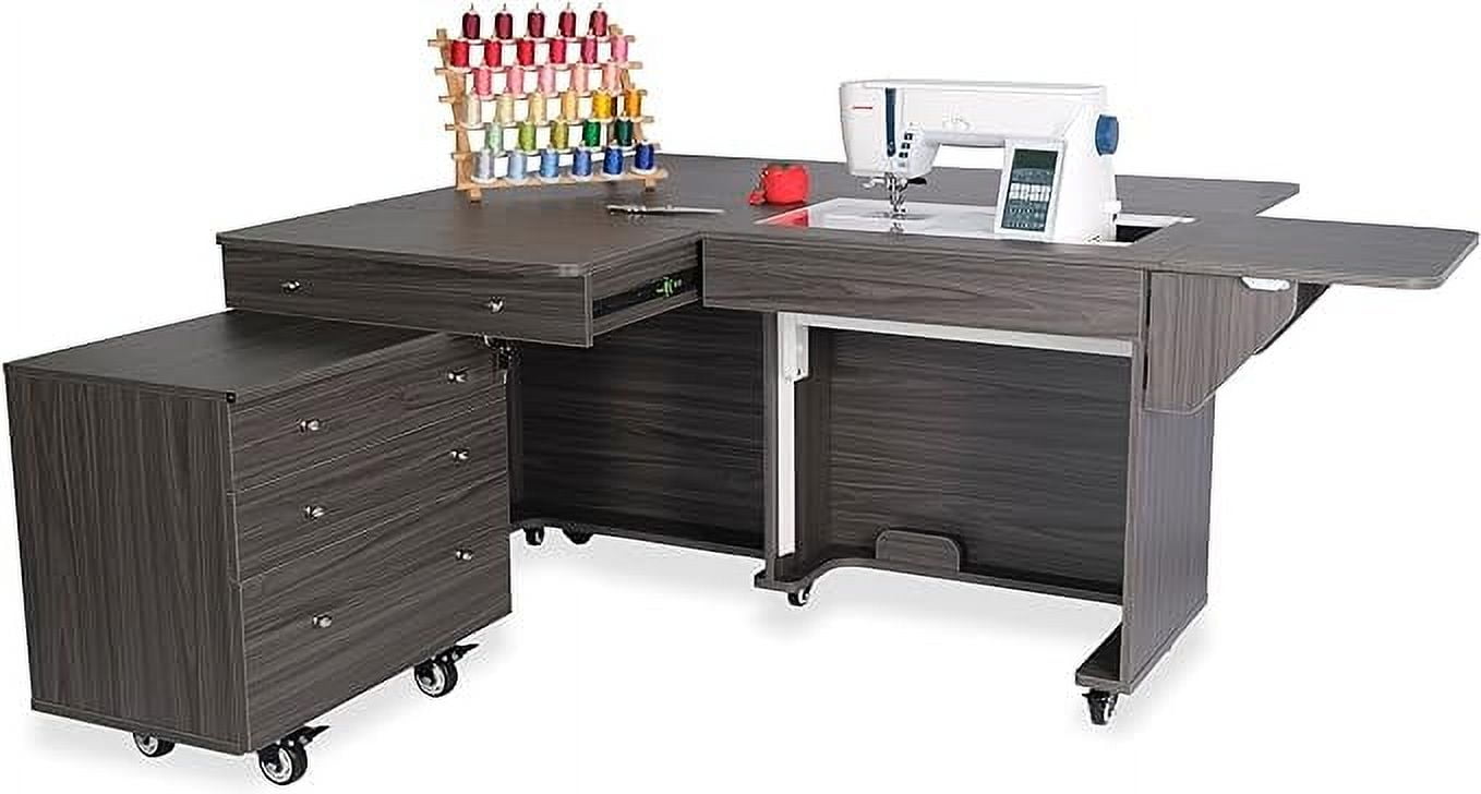 Gray Hydraulic Lift Sewing Cabinet with Rolling Storage Caddy
