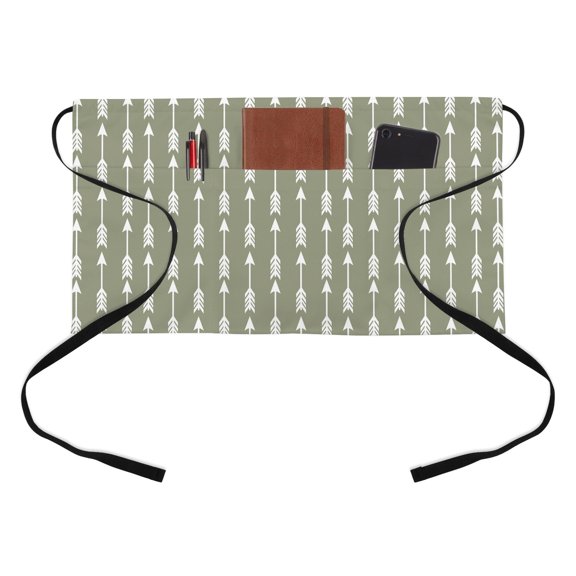 Arrow Kitchen Restaurant Half Waist Apron, Abstract Rustic Western Tribal Geometric Arrow Sage Green Server Short Apron with 3 Pockets Waterproof Oil Waist Aprons for Women Waitress Waiter