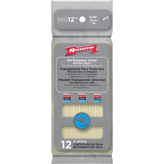 Arrow MG12 All Purpose Mini Glue Sticks for Hot Glue Guns, Use for High Temp and Low Temp Crafting, Hobbies, and General Repair Projects, 4-Inch by 5/16-Inch, Clear, 12-Pack