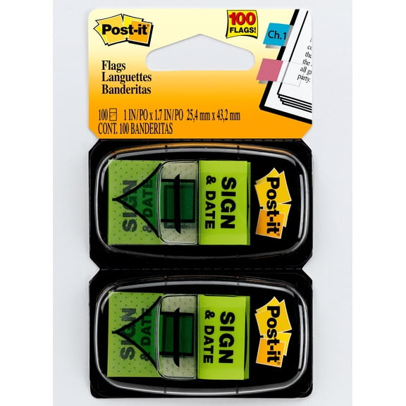 Arrow Message 1" Page Flags, "sign And Date", Green, 2 50-Flag Dispensers/pack | Bundle of 5 Packs