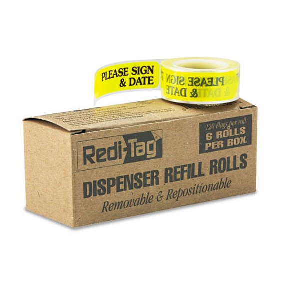Arrow Message Page Flag Refills, "please Sign And Date", Yellow, 120/roll, 6 Rolls | Bundle of 10 Boxes