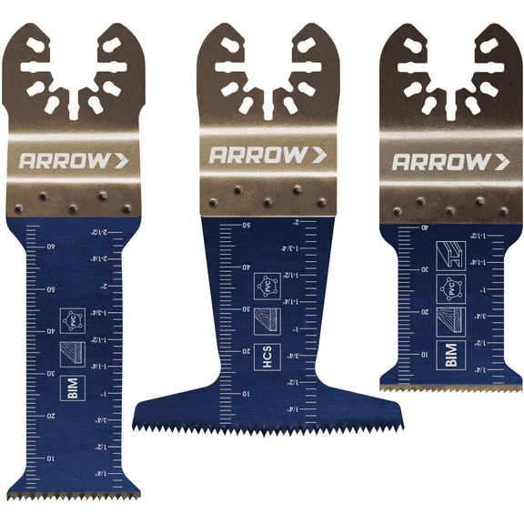 Arrow OSC101VP-3 Multi-Material Oscillating Tool Blade Variety Pack for Copper Pipe, Wood, PVC, Drywall, Universal, Fits Most Multitools, 1 ¼″, 1 ⁵⁄₁₆″, and 2 ½″, 3-Pack