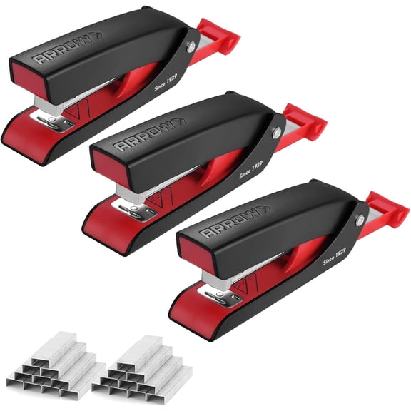 Arrow Office Stapler Set, 25 Sheet Capacity Metal Desk Staplers with 2100 Staples, Half Strip Design and Non-Slip Base, Spare Staple Storage for Classroom, Office and Home, 3 Pack