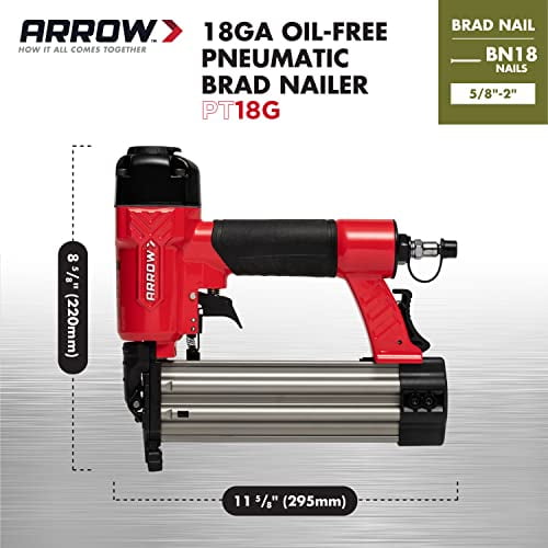 Arrow PT18G Gauge Oil-Free Pneumatic Brad Nailer - Small Light Trim and Interior Molding Work, Operates Up to 100psi Compression Unit, Fits 5/8", 3/4", 1", 1.5", 2" Brad Nails
