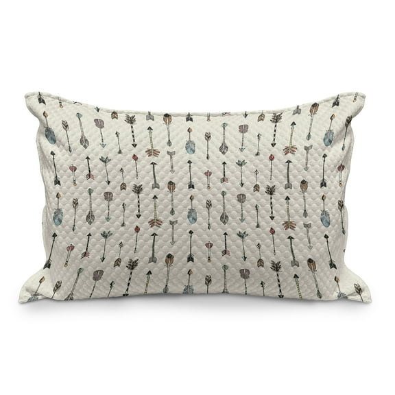 Arrow Quilted Pillowcover, Bohemian Style Historic with Colorful Feathers Vertically Aligned, Standard King Size Accent Pillow Cover for Bedroom, 36" x 20", Eggshell and Multicolor, by Ambesonne