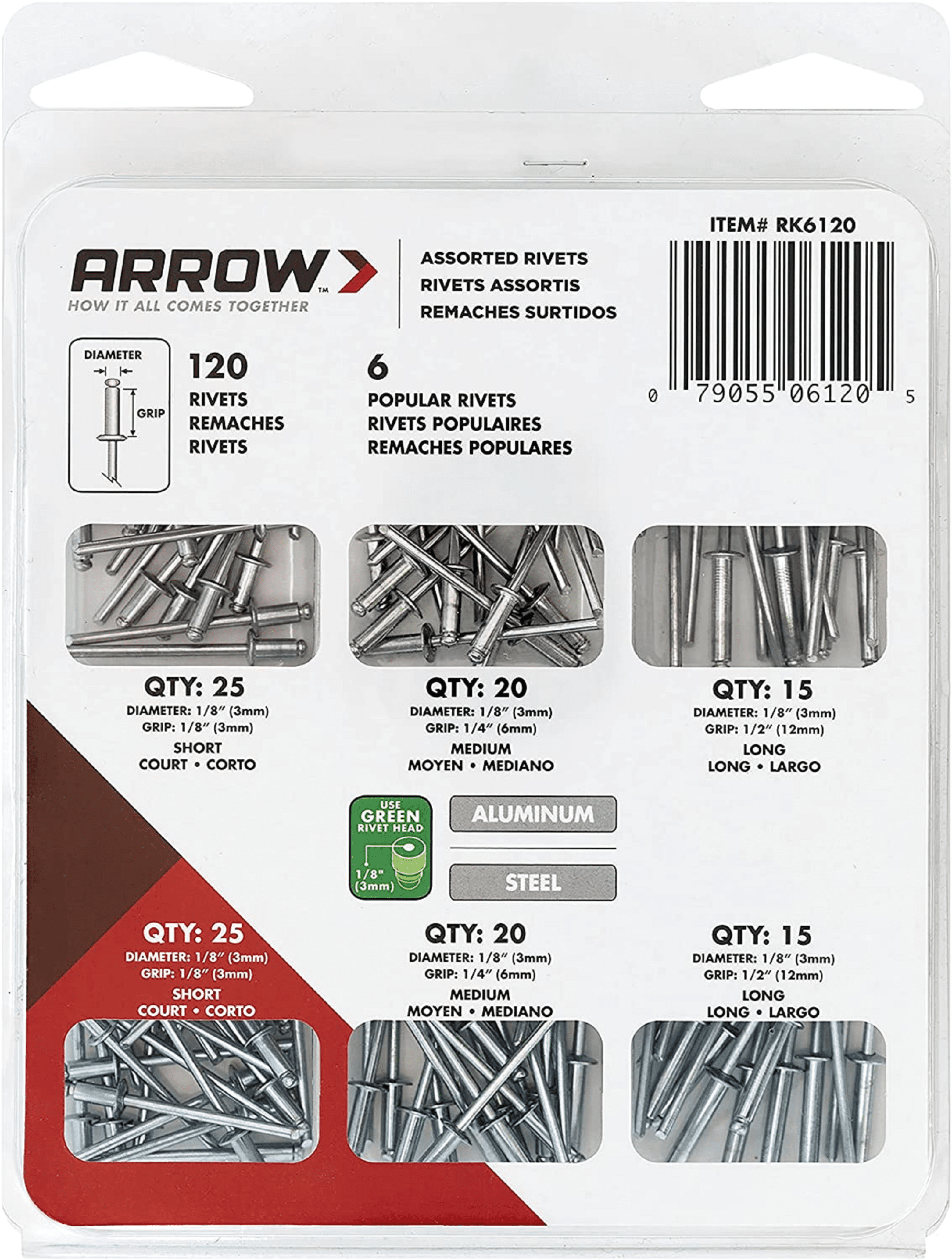 Arrow RK6120 Pop Rivet Assortment Kit for Metal, Fabric, Leather