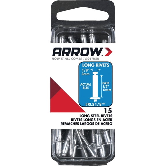 Arrow RLS1/8 Long Steel 1/8-Inch Pop Rivets for Metal, Fabric, Leather, and Auto Repair, 15-Pack
